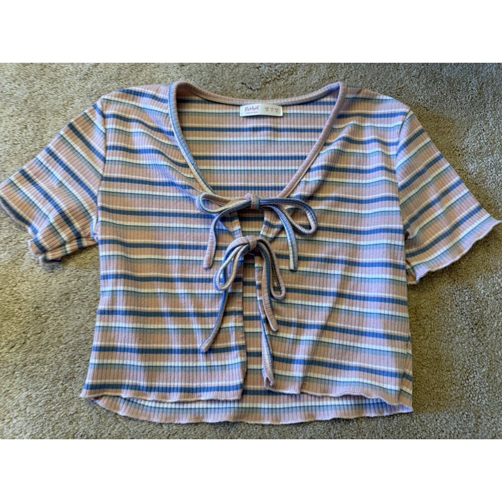 Romwe Cropped Ribbed Top Womens Size Xs Scoop Neck Tie Details Short Sleeve